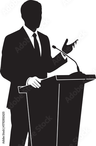 Silhouette of a businessman giving a speech at a podium with a microphone on human rights day