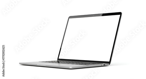 A front view of a silver laptop with a blank white screen on a white background in a studio shot