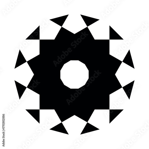 A black and white geometric design with an octagon center and triangle accents around the perimeter
