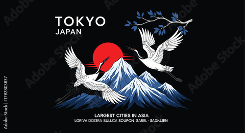 Illustration of a captivating vector illustration showcases the iconic mount fuji, gracefully soaring cranes, and the vibrant tokyo skyline, capturing the essence of japans beauty