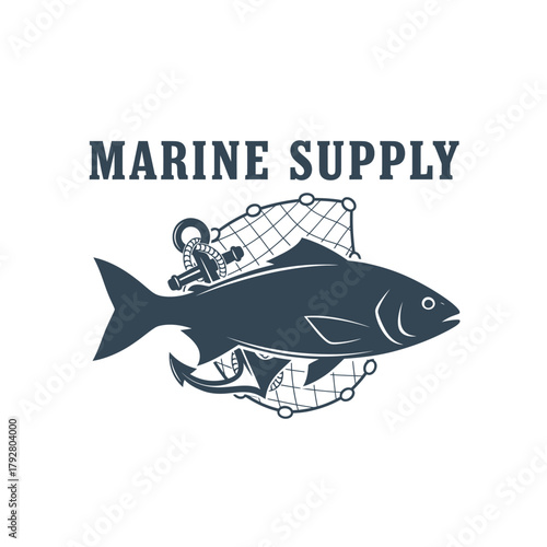 Vintage Fish Anchor and Net Fishing Logo