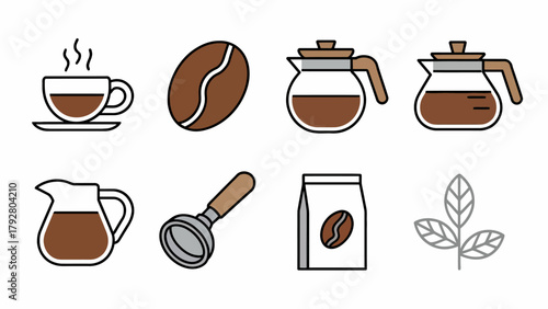 Coffee preparation illustration set with beans cup and pot vector elements for cafeteria design and promotion delicious aroma