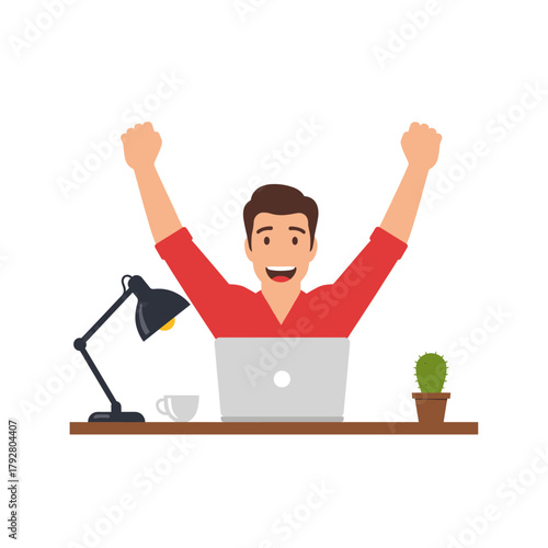 Successful Happy Man Working Arms Raised Vector