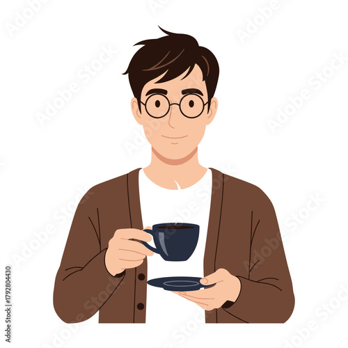 Young Man in Cardigan Drinking Hot Coffee Vector