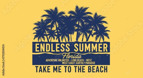 Illustration of endless summer florida beach scene with palm trees, inviting you to take a trip to the beach for adventure and relaxation, creating a perfect summer vacation