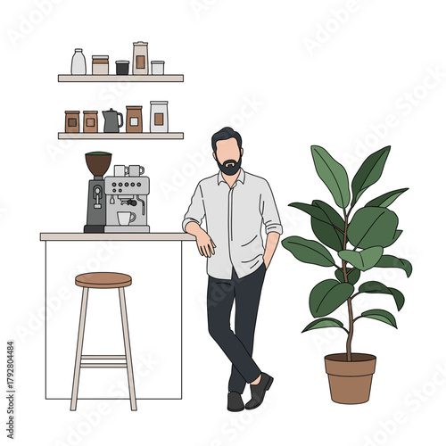 Cafe Owner Barista Minimalist Line Art Vector