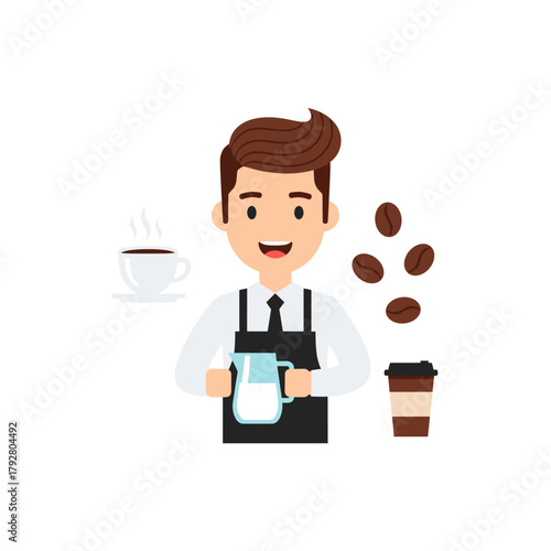 Happy Barista Making Coffee and Milk Jug Vector