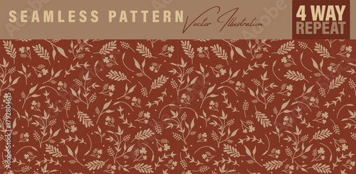 Seamless floral pattern in Autumn color palette. Set of five four-way-repeat vintage pattern for fabric, book cover design, wrapping paper, bags, vintage backgrounds