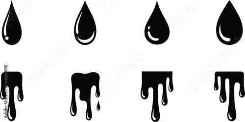 Set of black ink drops and dripping paint stains isolated on white background