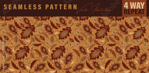Seamless floral pattern in Autumn color palette. Set of five four-way-repeat vintage pattern for fabric, book cover design, wrapping paper, bags, vintage backgrounds
