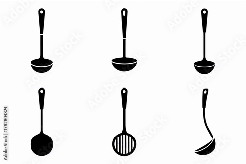 Collection of Black Ladle Icons and Kitchen Utensils for Culinary Designs and Food Service Promotions