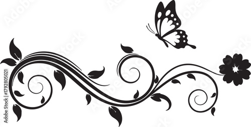 Black floral swirl with butterfly and flower on white Keywords: floral, swirl, butterfly, flower