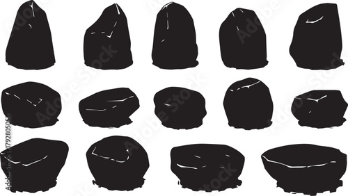 Black Silhouettes of Various Rocks on White Background