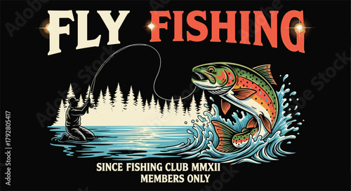 Illustration of a vintagestyle fly fishing design featuring a leaping trout, a fisherman casting, and the text fly fishing since fishing club mmxii members only on a