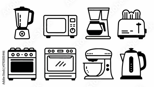 Collection of kitchen appliances vector icons blender microwave coffee maker toaster oven mixer and electric kettle for design elements and household needs