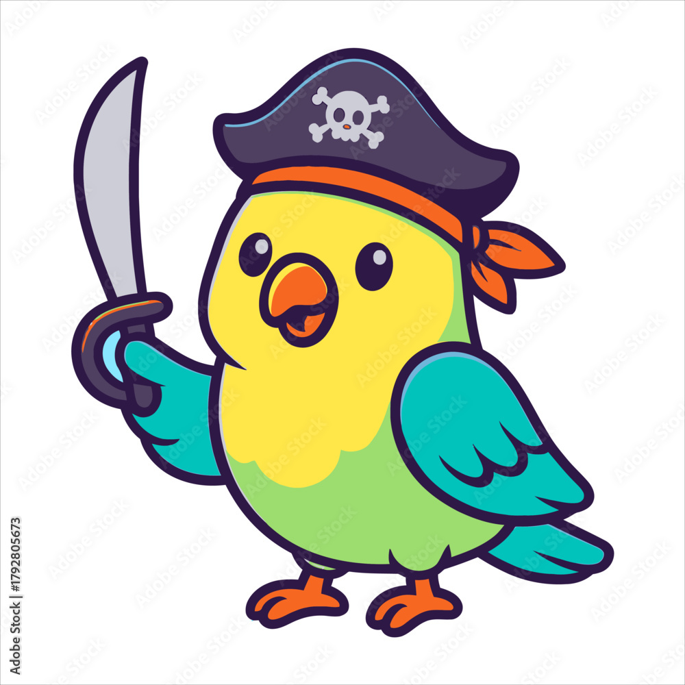 Naklejka premium Playful Parrot Pirate with a Sword and SkullAdorned Hat Cartoon Illustration.