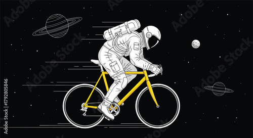 Illustration of an astronaut rides a yellow bicycle through the vast expanse of space, surrounded by planets and stars, symbolizing exploration, adventure, and the boundless possibilities