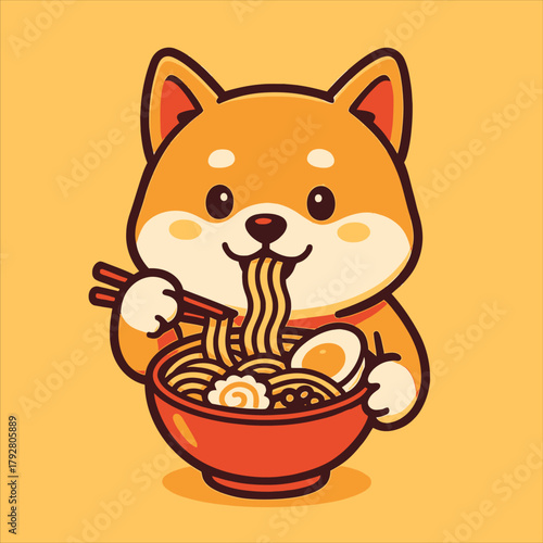 Shiba Inu Cartoon Character Enjoying a Bowl of Ramen Noodles with Chopsticks.