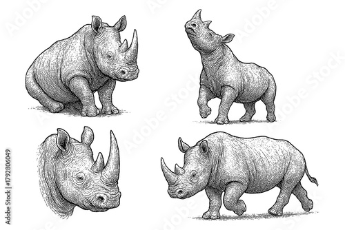 Fototapeta Rhinoceros sketches in detailed vintage engraving style with multiple poses, Tra