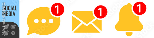 Set of notification icons for email, bell, and chat message with red alert or notification badge (number one). Perfect for new messages, alerts, and updates, social media, communication icons