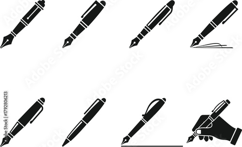Collection of elegant fountain pen icons and a hand writing with a pen