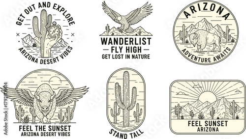 Tableau sur toile Illustration of vintage arizona desert vibes collection featuring cactus, eagle,