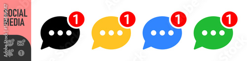 Set of notification icons for email, bell, and chat message with red alert or notification badge (number one). Perfect for new messages, alerts, and updates, social media, communication icons