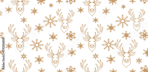 Gold reindeer and snowflake pattern isolated on transparent background