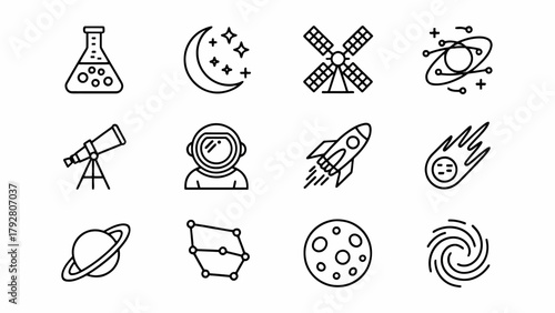 Cosmos and Space Exploration Icons in Black and White Line Art Illustration Great for Science and Educational Purposes