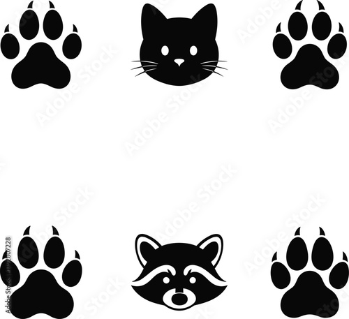Cute black and white cartoon cat and raccoon faces with paw prints