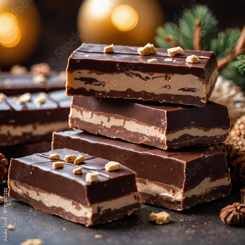 Piezas de turrón de chocolate en capas con frutos secos apiladas sobre mesa de madera, ramas de abeto y luces cálidas de Navidad