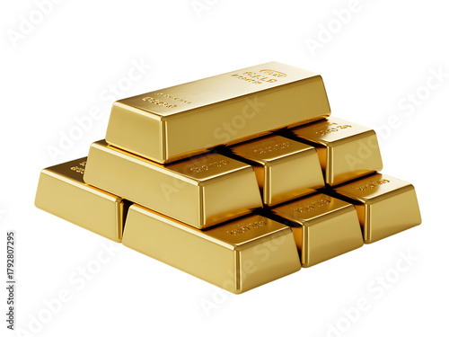 A pyramid stack of shiny gold bars isolated on transparent background