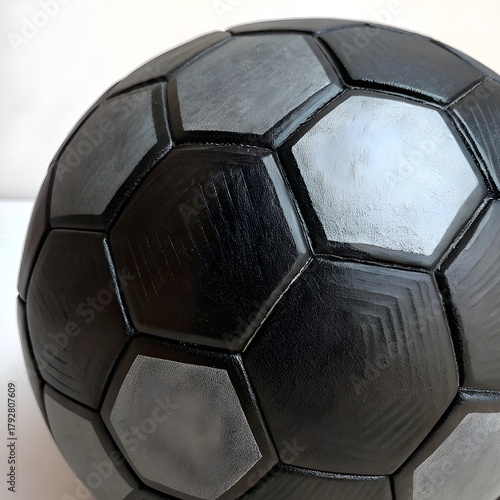A close up view of a black and gray soccer ball with hexagonal and pentagonal panels visible clearly