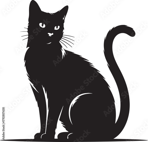 Elegant silhouette of black cat sitting for mysterious domestic pet shop and feline veterinary clinic with whiskers tail fur and watchful gaze in dark shadow animal illustration