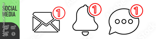 Set of notification icons for email, bell, and chat message with red alert or notification badge (number one). Perfect for new messages, alerts, and updates, social media, communication icons