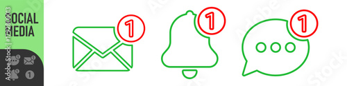 Set of notification icons for email, bell, and chat message with red alert or notification badge (number one). Perfect for new messages, alerts, and updates, social media, communication icons