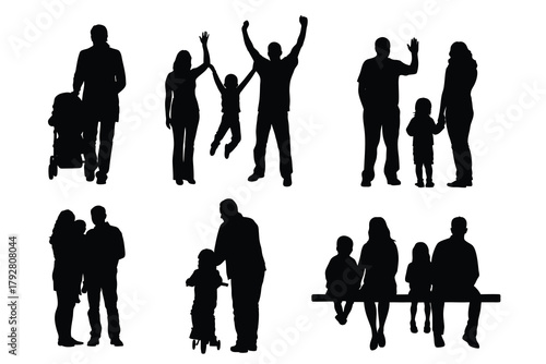 Set of Family Silhouettes in Various Poses, Parents, Children, and Lifestyle Activities  