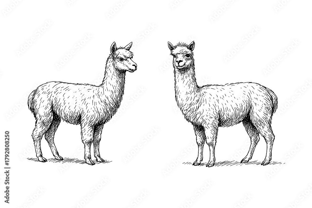 Fototapeta premium Alpaca sketches in realistic vintage engraving style with standing and sitting poses, Transparent Background