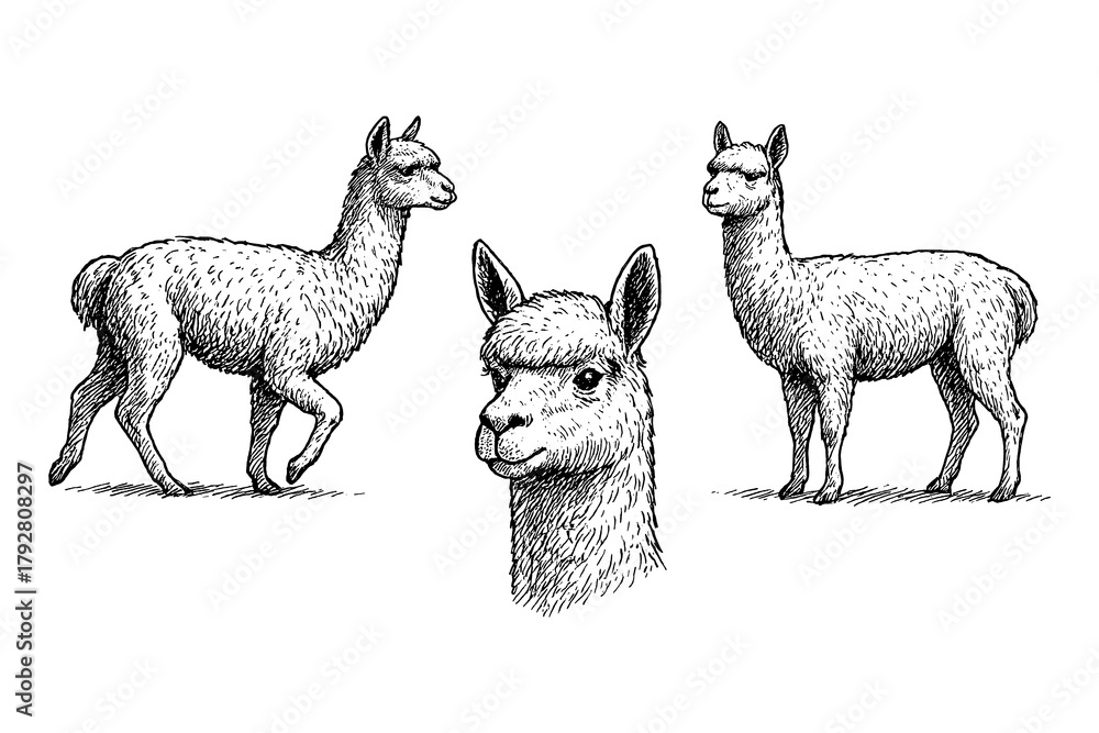 Fototapeta premium Alpaca sketches in realistic vintage engraving style with standing and sitting poses, Transparent Background