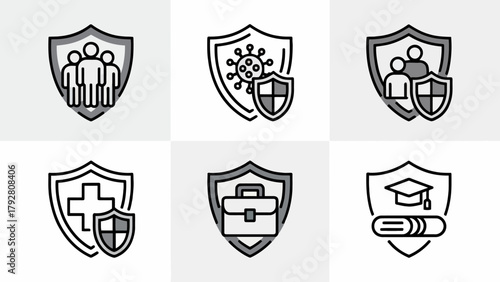 Diverse shields representing protection for people health business and education concepts vector illustration