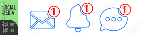Set of notification icons for email, bell, and chat message with red alert or notification badge (number one). Perfect for new messages, alerts, and updates, social media, communication icons
