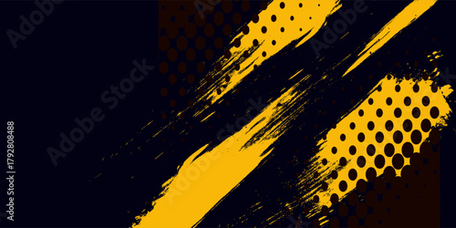 Halftone yellow dots pattern and black gradient grunge texture background. Dotted line comic sport style vector illustration.
