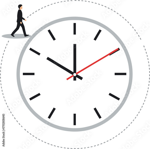 A man walks around a clock face, symbolizing the race against time, constant retraining, and continuous movement. The concept of the "eternal student" and time management.