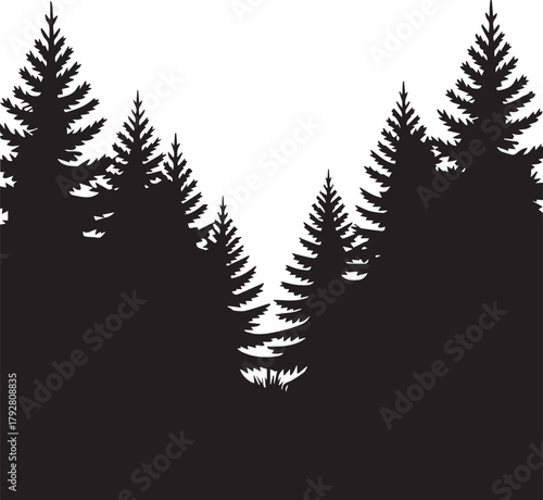 Silhouette of forest with fir trees and pine trees for woodland landscape background in wild nature outdoor environment and evergreen coniferous forest scenic illustration