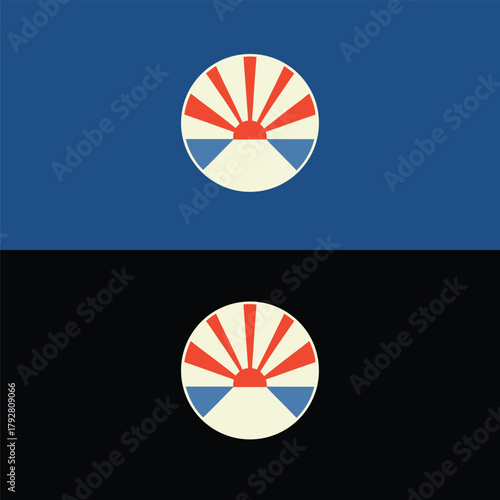 A captivating logo design featuring a stylized sun rising over water, presented against both a serene blue and a stark black background, evoking a sense of duality and balance