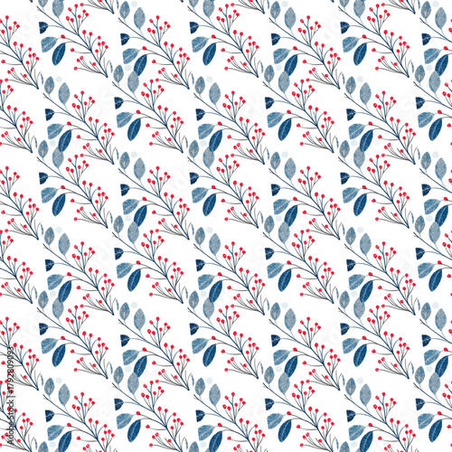 Elegant Blue Leaves and Red Berries Pattern for Textile, Wallpaper, and Craft Design