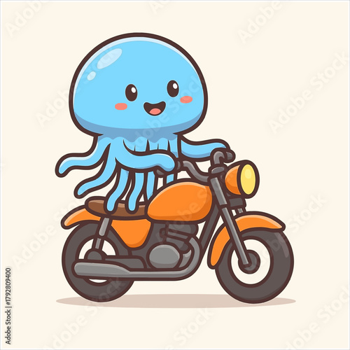Cartoon Jellyfish Riding an Orange Motorcycle with a Cheerful Expression.