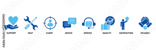 Customer care icon set In Blue Style vector illustration for customer support and telemarketing service with an icon of help, client, advice, chat, service, reliability, quality, and satisfaction