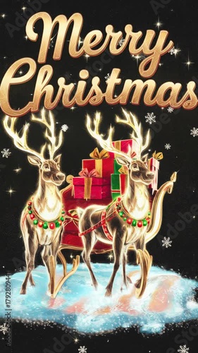 Santa's sleigh decorated with two glowing reindeer. The sleigh is loaded with colorful holiday gifts. Snowflakes gently fall around.