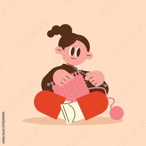 Cozy Knitter Engaged in Creative Hobby. Simple style illustration.